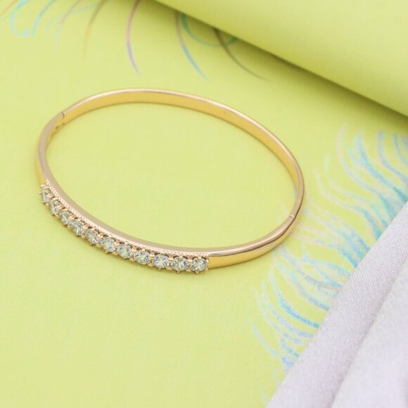 Elegant Rose Gold Bangle with Sparkling Round Stone Row Accent, XPBL0481 - Picture 6 of 11